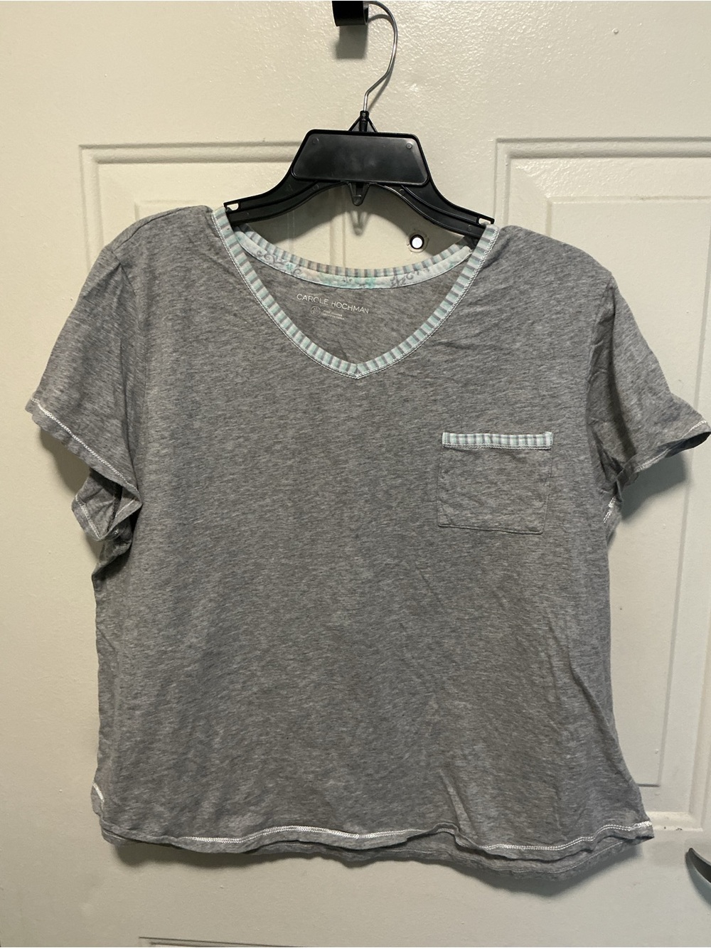 Midnight by Carole Hochman Gray V-Neck Short Sleeve Tee with Mint Trim